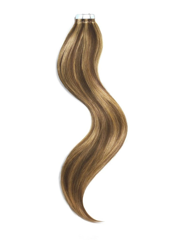 Tape in Remy Human Hair Extensions, Light Chestnut Brown Blonde Mix (#6/27)