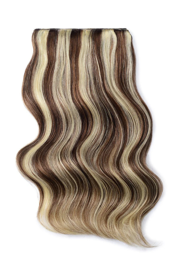Double Wefted Full Head Remy Clip in Human Hair Extensions - Medium Brown/Bleach Blonde Mix (#4/613)