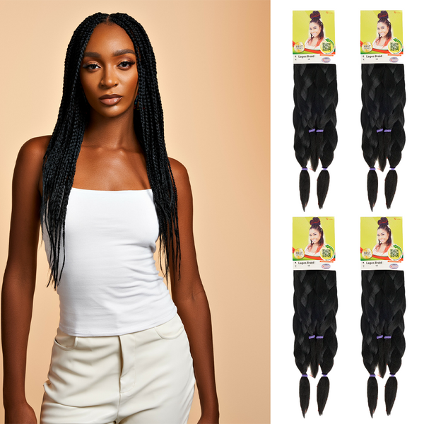 X-Pression Lagos Braiding Hair Pack – Soft and Ultra-Light for Professional Braids, 42" & 46" Natural Black (1B), (Pack of 4).