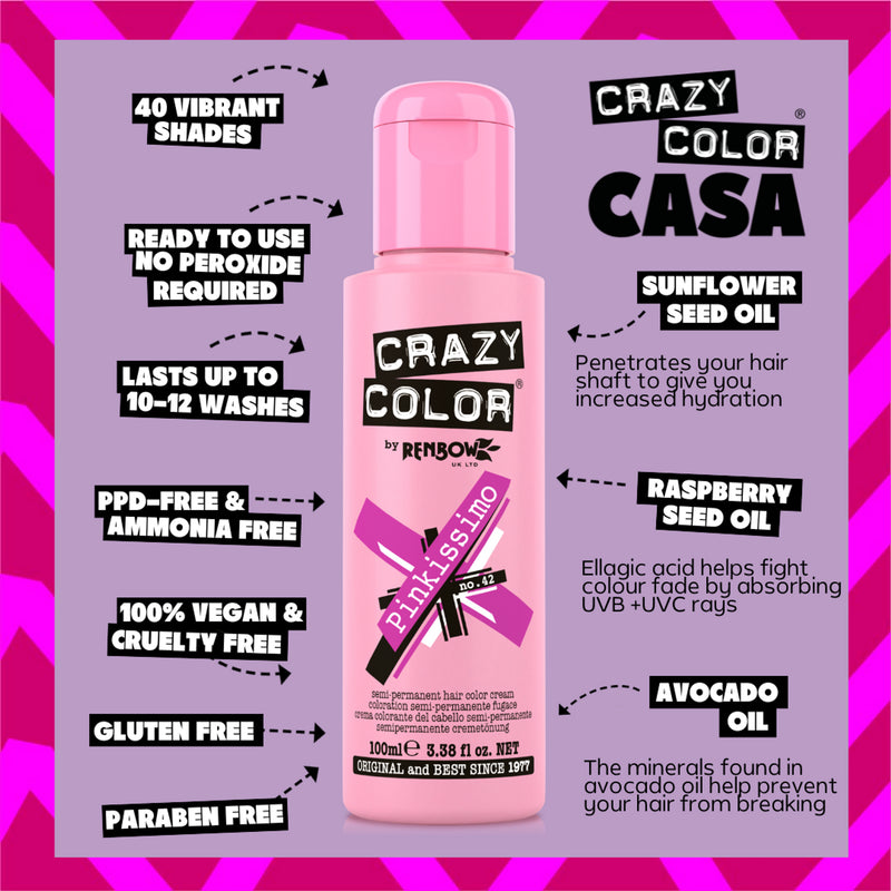 Crazy Color Semi Permanent Pinkissimo Hair Color Cream 100ml (Pack Of 2).