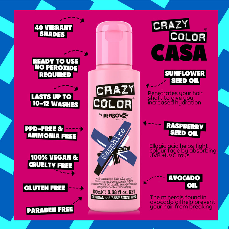 Crazy Color Semi Permanent Sapphire Hair Color Cream 100ml (Pack Of 2).