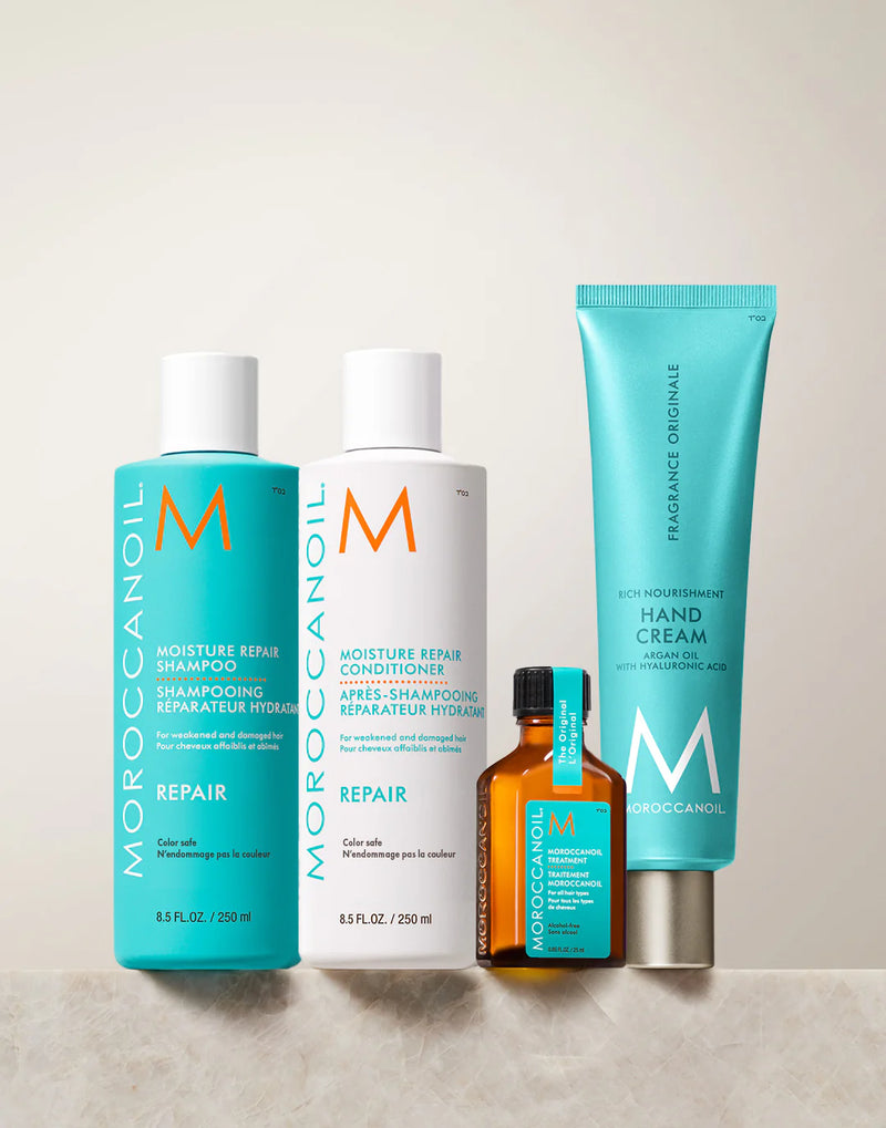 Morocanoil Repair Gift Set For Christmas - Moisture Repair Conditioner 250ml, Moisture Repair Shampoo 250ml, Hand Cream 100ml, Morocan Treatment Oil 25ml.