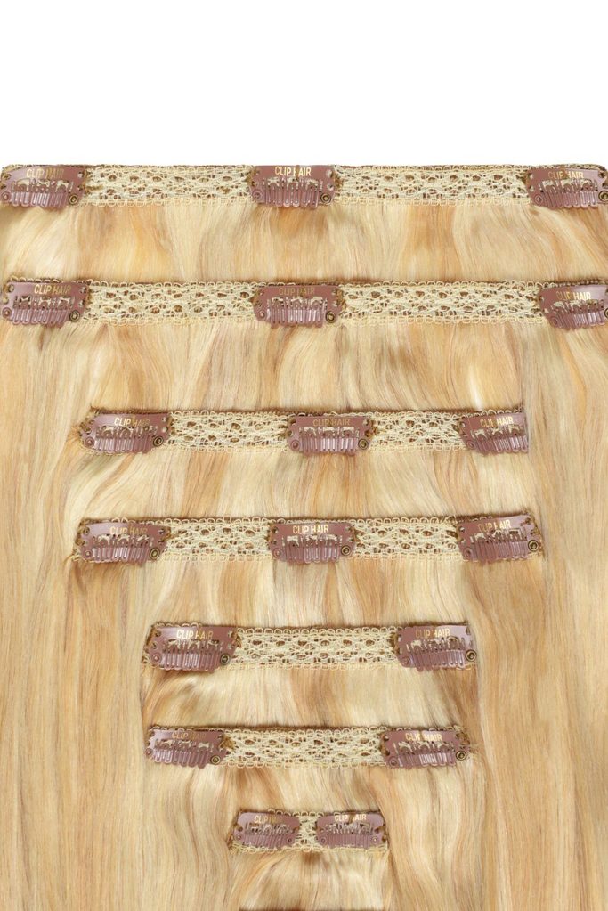 Double Wefted Full Head Remy Clip in Human Hair Extensions - Golden Blonde/Bleach Blonde Mix (