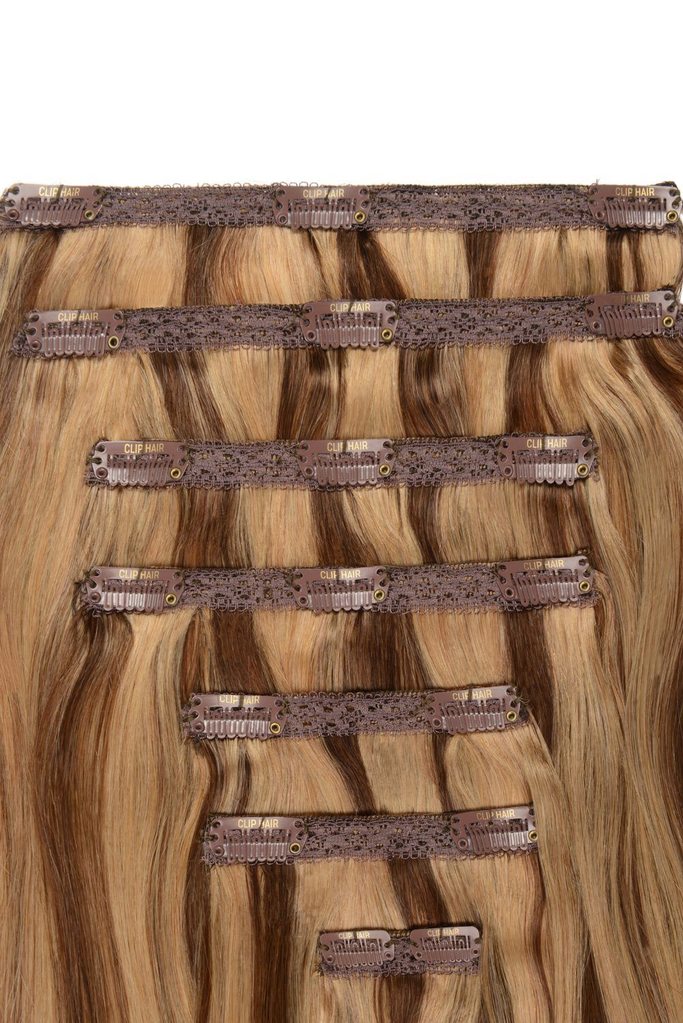 Double Wefted Full Head Remy Clip in Human Hair Extensions - Brown/Ginger Blonde Mix (