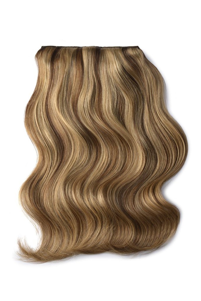 Double Wefted Full Head Remy Clip in Human Hair Extensions - Brown/Ginger Blonde Mix (