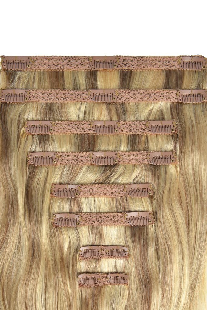 Double Wefted Full Head Remy Clip in Human Hair Extensions - Dark Blonde/Ash Blonde Mix (