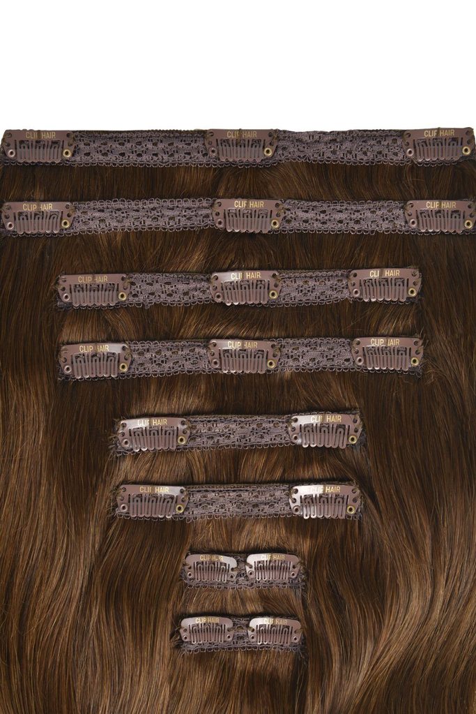 Double Wefted Full Head Remy Clip in Human Hair Extensions - Light/Chestnut Brown (