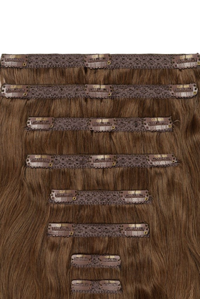 Double Wefted Full Head Remy Clip in Human Hair Extensions - Medium Ash Brown (