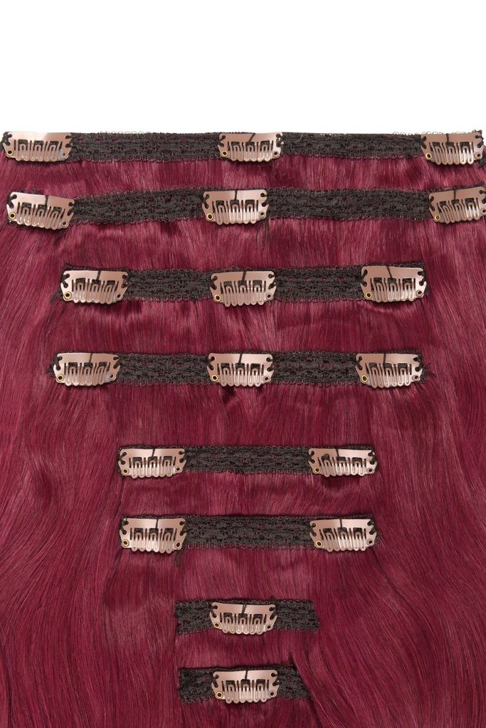 Double Wefted Full Head Remy Clip in Human Hair Extensions - Plum/Cherry Red (