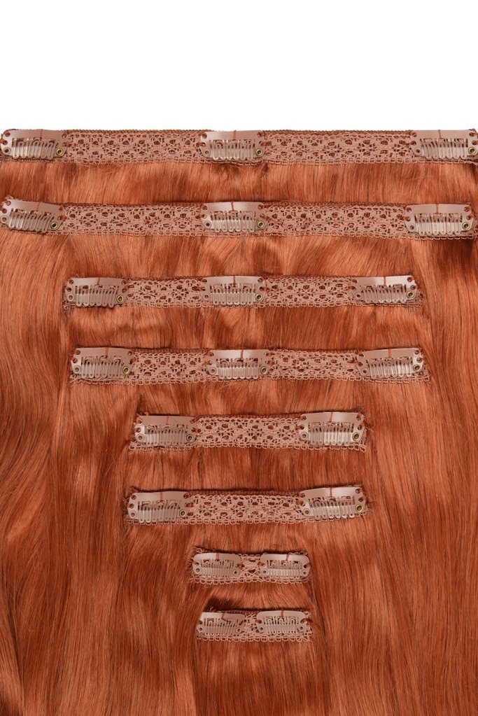 Double Wefted Full Head Remy Clip in Human Hair Extensions - Ginger Red/Natural Red (