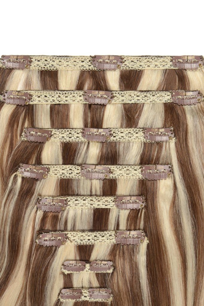 Double Wefted Full Head Remy Clip in Human Hair Extensions - Light Brown/Bleach Blonde Mix (