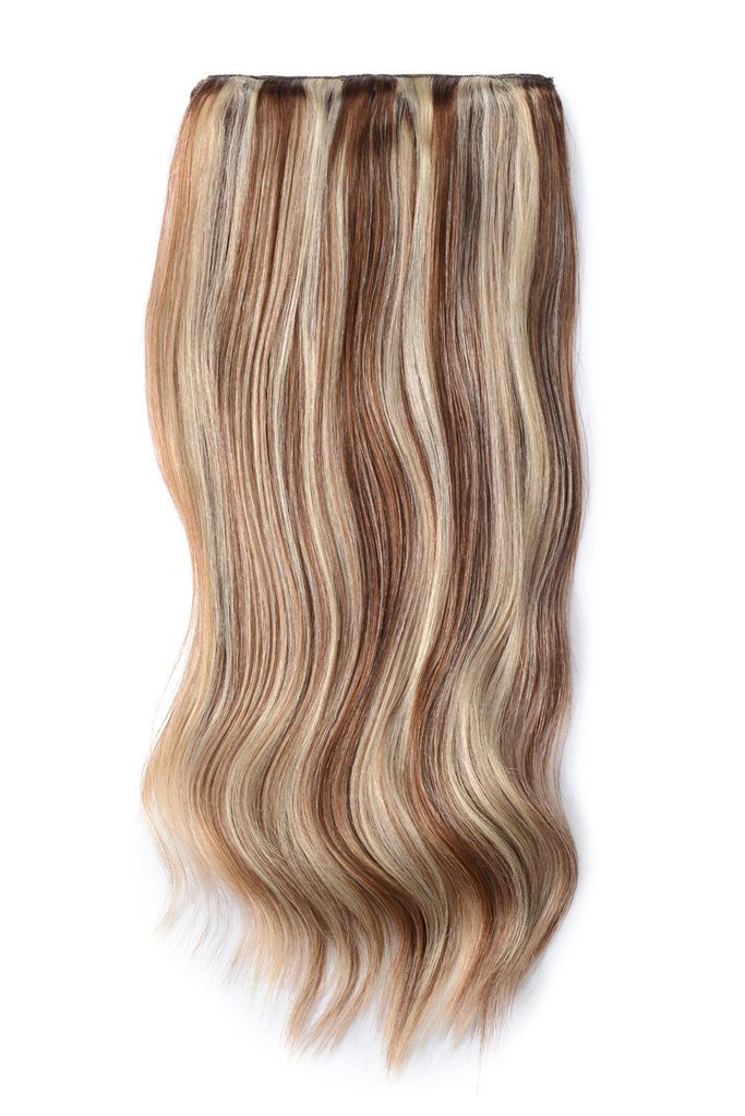 Double Wefted Full Head Remy Clip in Human Hair Extensions - Light Brown/Bleach Blonde Mix (