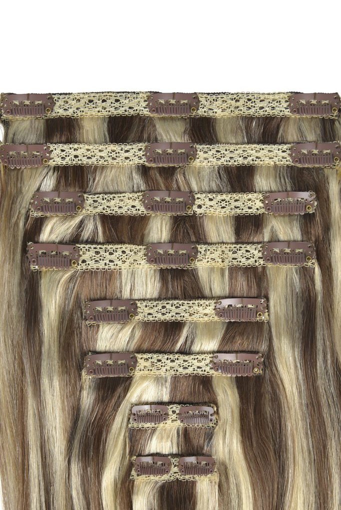 Double Wefted Full Head Remy Clip in Human Hair Extensions - Medium Brown/Bleach Blonde Mix (