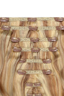 Double Wefted Full Head Remy Clip in Human Hair Extensions - Brown/Golden Blonde Highlights (