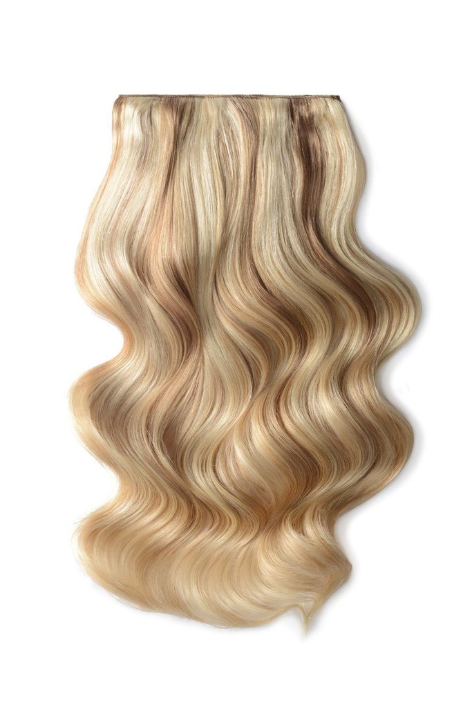 Double Wefted Full Head Remy Clip in Human Hair Extensions - Brown/Golden Blonde Highlights (