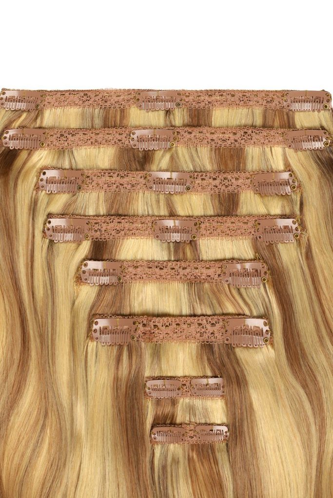 Double Wefted Full Head Remy Clip in Human Hair Extensions - Medium Golden Brown/Golden Blonde Mix (