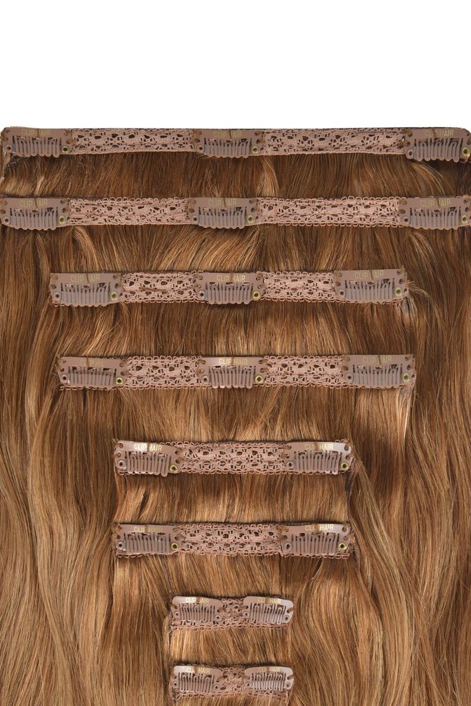 Double Wefted Full Head Remy Clip in Human Hair Extensions - Light Auburn (