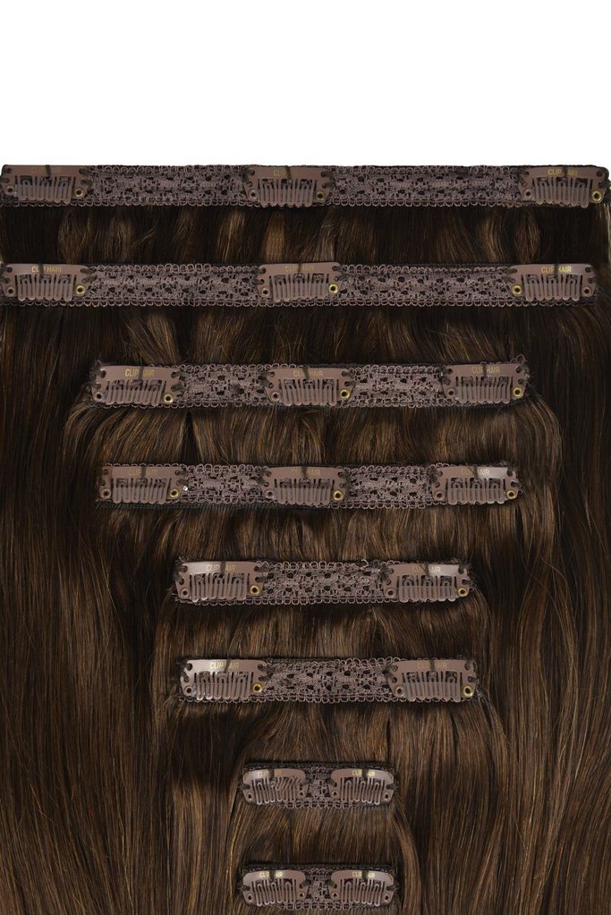 Double Wefted Full Head Remy Clip in Human Hair Extensions - Medium Brown (