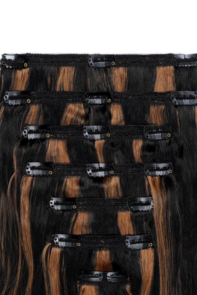 Double Wefted Full Head Remy Clip in Human Hair Extensions - Natural Black/Auburn Mix (