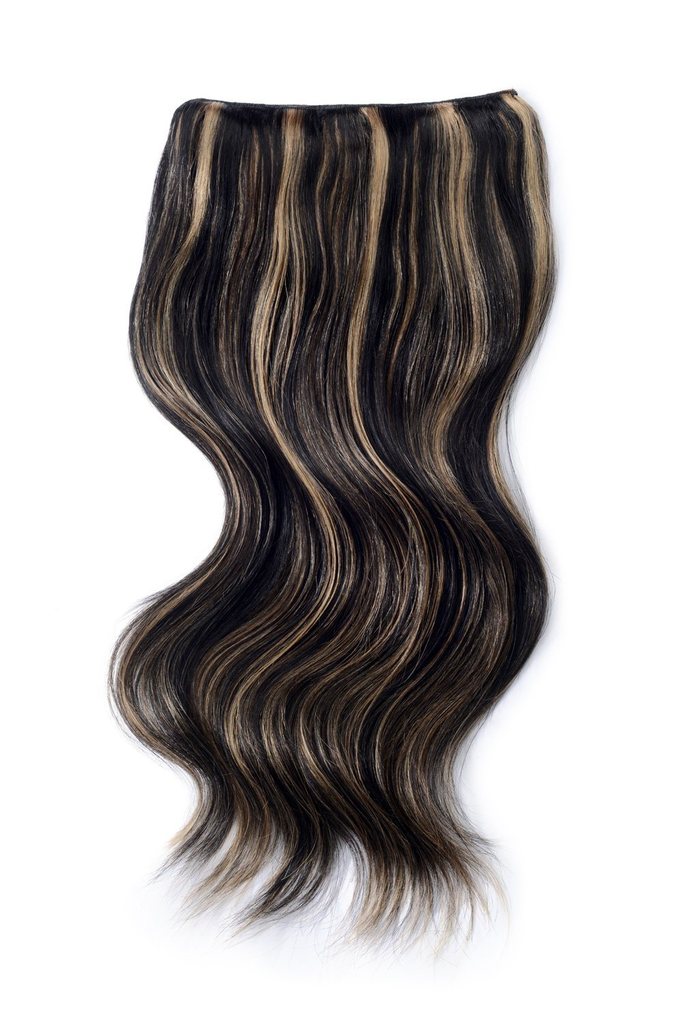 Double Wefted Full Head Remy Clip in Human Hair Extensions - Natural Black/Blonde Mix (