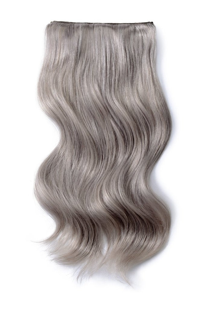 Double Wefted Full Head Remy Clip in Human Hair Extensions - Silver/Grey (