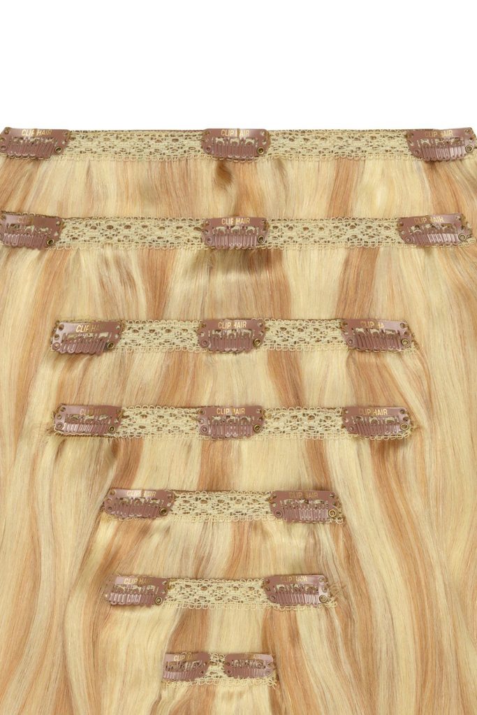 Double Wefted Full Head Remy Clip in Human Hair Extensions - Strawberry Blonde/Bleach Blonde Mix (