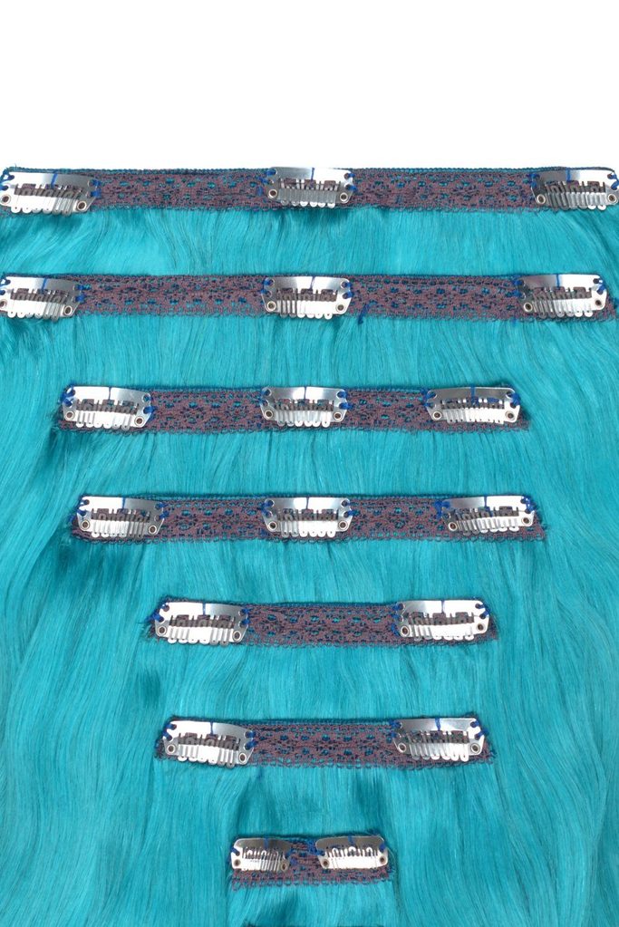 Double Wefted Full Head Remy Clip in Human Hair Extensions - Turquoise