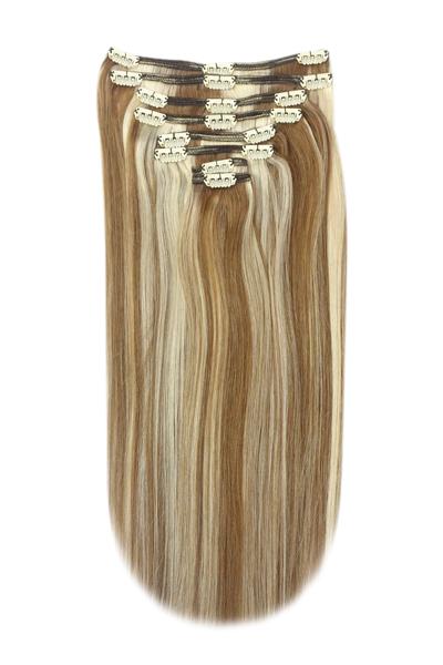 Full Head Remy Clip in Human Hair Extensions - Lightest Brown/Bleach Blonde Mix (#18/613)