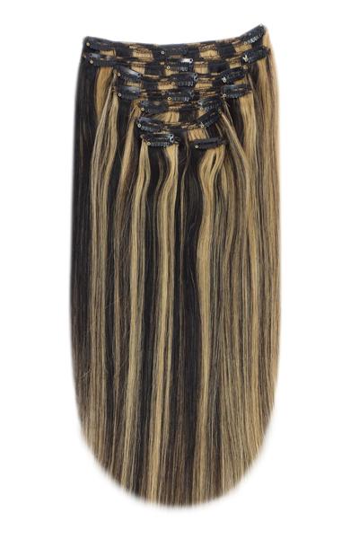 Full Head Remy Clip in Human Hair Extensions - Natural Black/Blonde Mix (