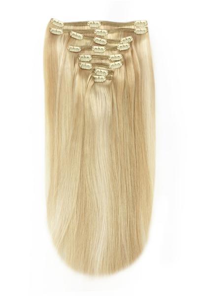 Full Head Remy Clip in Human Hair Extensions - Golden Blonde/Bleach Blonde Mix (#16/613)