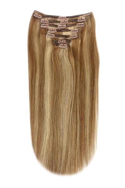 Full Head Remy Clip in Human Hair Extensions - Light Brown/ Ginger Blonde Mix (#6/27)