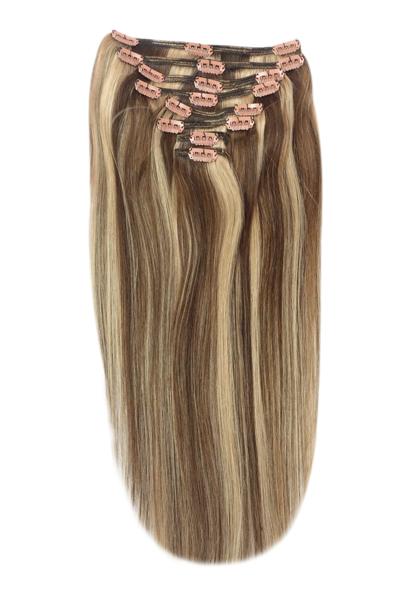 Full Head Remy Clip in Human Hair Extensions - Medium Brown/Strawberry Blonde Mix (#4/27)