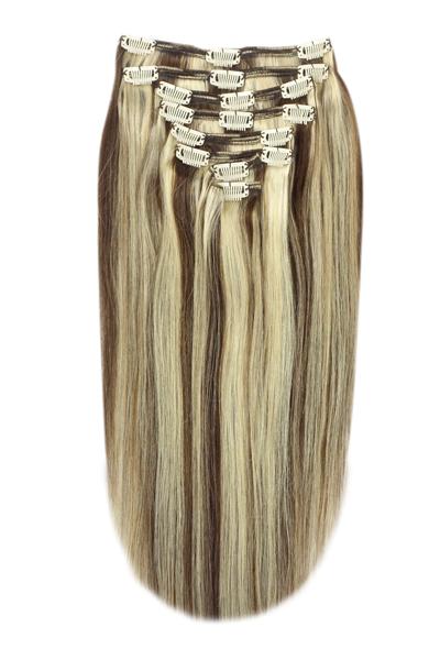 Full Head Remy Clip in Human Hair Extensions - Medium Brown/Bleach Blonde Mix (#4/613)